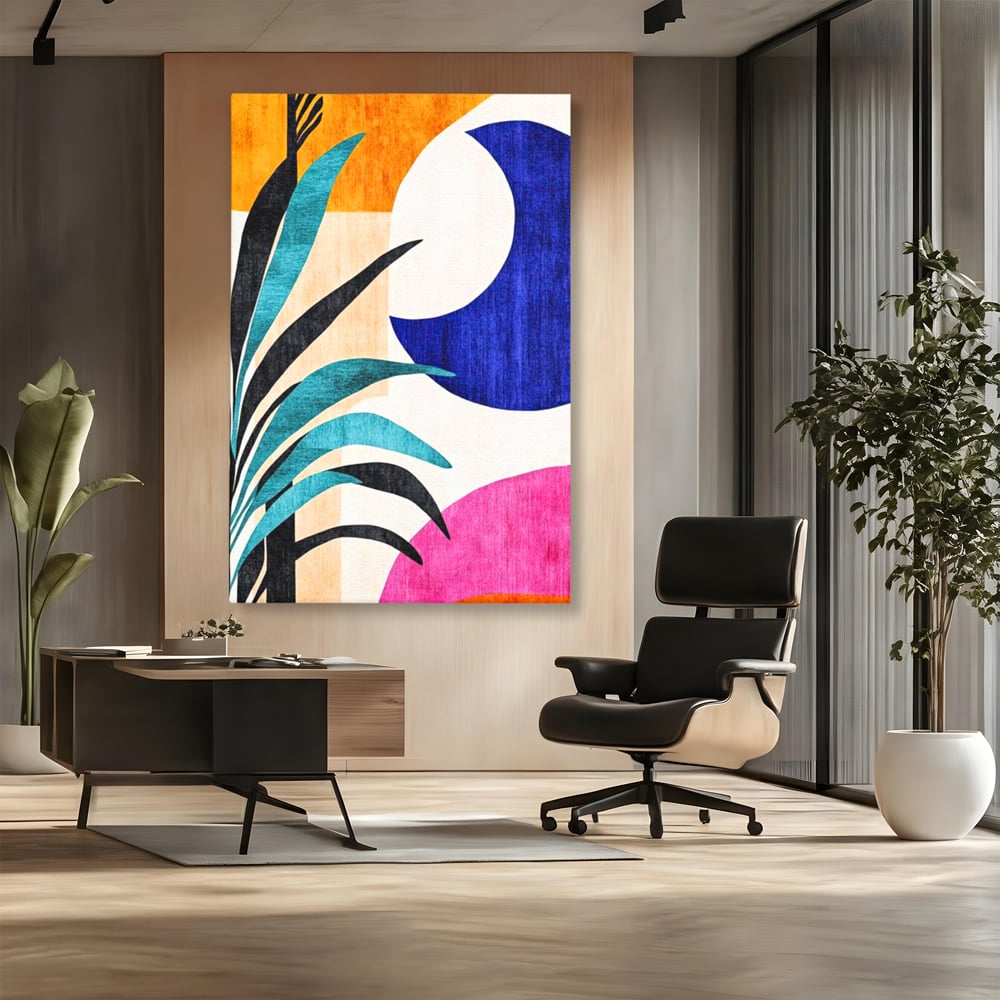 Tablou canvas cu tablou canvas cu frunza abstracta si forme geometrice, fara rama, pe sasiu de lemn, pe perete intr-un birou